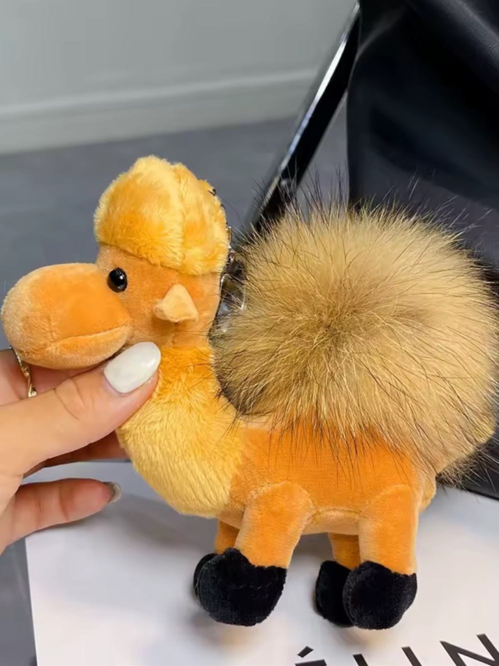 Plush Camel Keychain - Orange Faux Fur Pom Pom - Picture 1 of 7